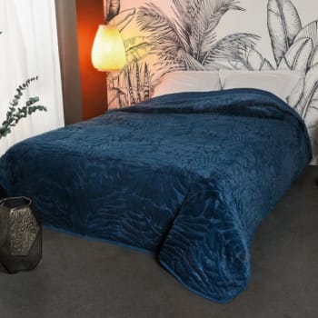 GRAZIA - Dessus de lit feuillages polyester bleu marine 150x150cm