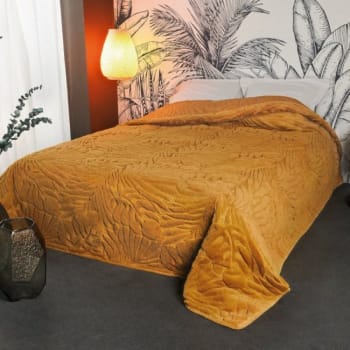GRAZIA - Dessus de lit feuillages polyester moutarde 150x150cm