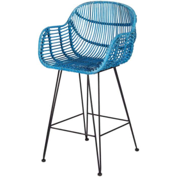 Oslo - Chaise haute de bar en rotin bleu et métal