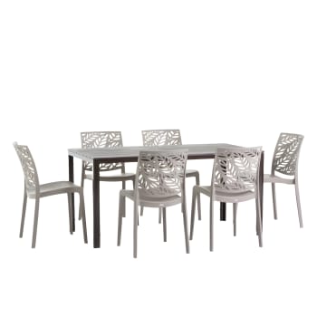 Set tavolo rettangolare bianco e 6 sedie in resina azzurro cemento