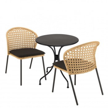 Malo - Salon de jardin 2 pers - table ronde D70 et 2 chaises beiges et noires