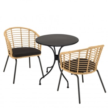 Malo - Salon de jardin 2 pers - table ronde D70 et 2 fauteuils beiges/noires