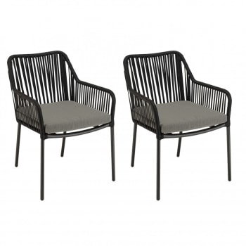 Malo - Lot de 2 fauteuils cordage noir coussin assise gris anthracite