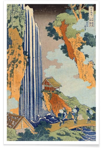 Hokusai - ono waterfall, the kiso highway - Affiche blanc ivoire & bleu