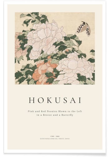 Hokusai - pink and red peonies blown to the left - Affiche blanc ivoire & rose