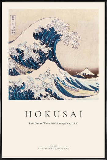 Hokusai - the great wave off kanagawa - Affiche dans cadre standard (noir) blanc ivoire & bleu 30x45