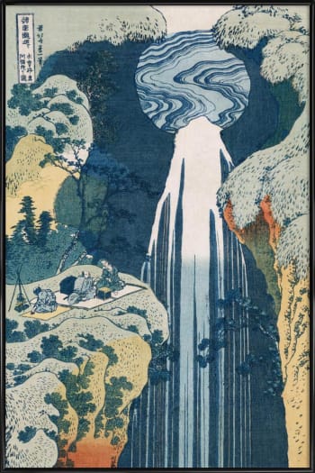 Hokusai - amida waterfall on the kiso highway - Affiche dans cadre standard (noir) blanc ivoire & bleu 30x45