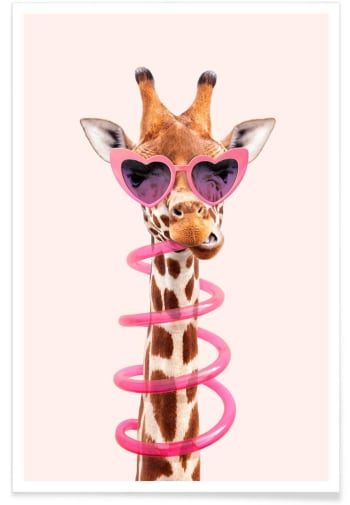 Thirsty giraffe - Affiche marron & rose