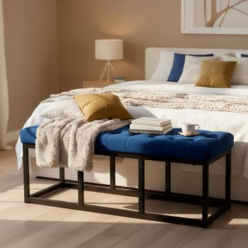 CLP Banquette Polson Velours Chesterfield - Bout De Lit 120cm Bleu, Cadre Métal Noir