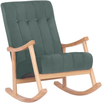 Saltilo - Mecedora con base de madera y asiento en terciopelo natural / verde