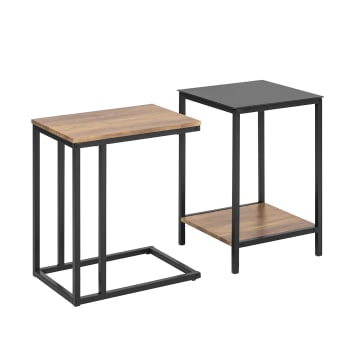 Set de 2 mesas auxiliares madera y vidrio negro