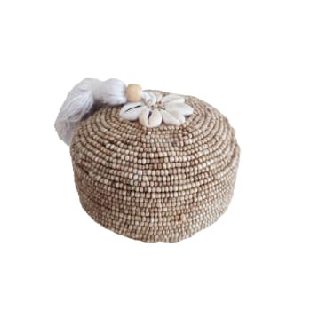 PERLA - Boîte en bambou et perles, beige 10x10 cm