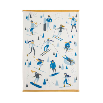 Sports d'hiver - Torchon imprimé en coton bleu moyen 50x75