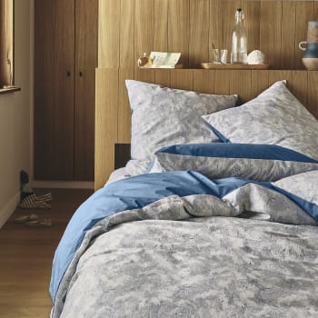 Embruns - Parure de lit imprimée en coton blanc et bleu 260x240