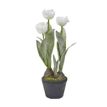Composizione di tulipani artificiali bianchi smerigliati in vaso H46