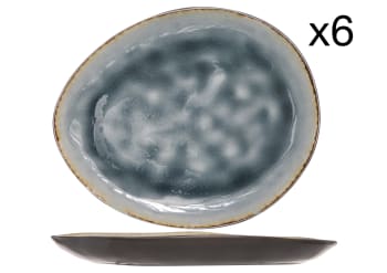 LAGUNA - Lot de 6 Assiettes à dessert ovales en Grès, bleu, 19,5X16 cm