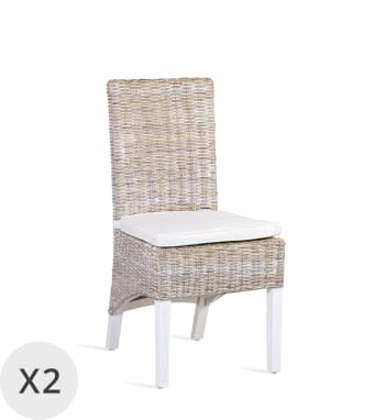 Rattan - Set de 2 chaises en rotin beige blanchi avec coussin
