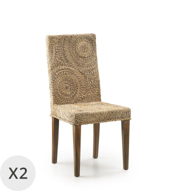 Rattan - Set di 2 sedie in legno di mogano marrone e rattan beige