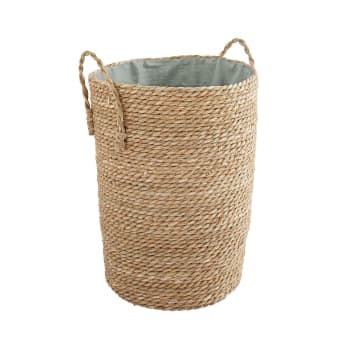 Cesto Per Biancheria In Bambù Con Tessuto Interno - Rotondo, 40 X 60 Cm, Manici In Corda, Bianco
