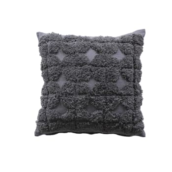 Coussin déhoussable aux broderies  - effet laine polyester/coton gris