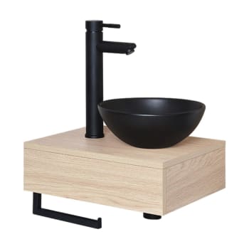 Soho - Meuble lave-mains  plan épais vasque noire + robinet