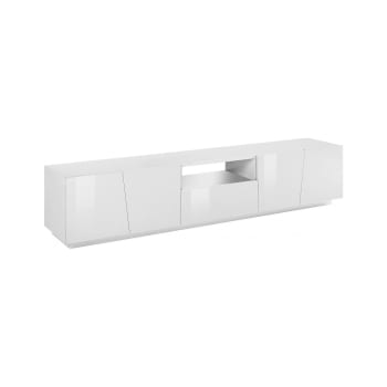 Mobile TV Moderno Bianco Lucido Con Effetto Legno E Ripiani In Vetro, 180 Cm - Per Soggiorno Elegante E Funzionale