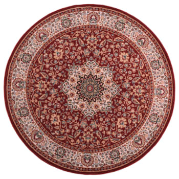 DOLNA - Tapis d'orient floral, tissé, laine naturelle rouge Diam 200 cm