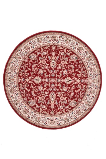 DOLNA - Tapis d'orient floral, tissé, laine naturelle rouge Diam 133 cm