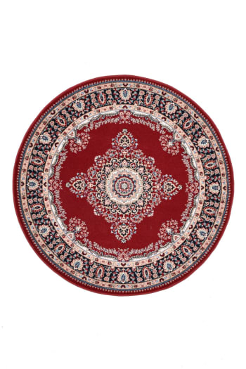 DOLNA - Tapis d'orient floral, tissé, laine naturelle rouge Diam 240 cm