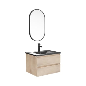 Sorrento - Meuble simple vasque 60cm  Décor chêne+vasque noire+rob+miroir ovale