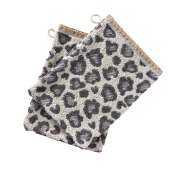 FAUVE - Lot de 2 gants de toilette motif léopard gris 15x22 en coton