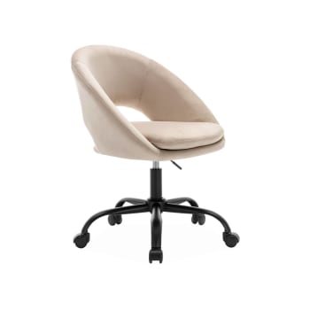Pam - Chaise de bureau ronde à roulettes en velours blanc cassé