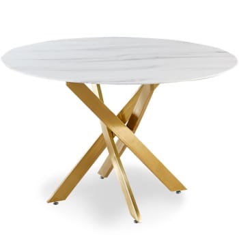 Corix - Table ronde verre effet marbre blanc et pieds or