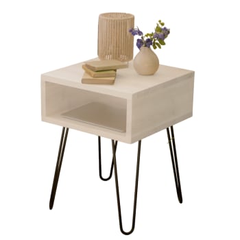 Hairpin - Table de chevet en bois d'épicéa massif et fer forgé couleur blanc