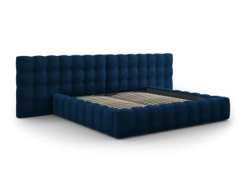 Mamaia - Lit coffre en avec tête de lit double 200x200cm velours bleu roi