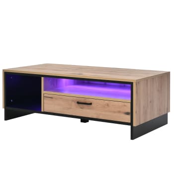 Mesa de centro con iluminación LED en aspecto madera con cajón