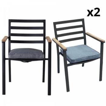 Belinda - Lot de 2 chaises de jardin en métal noir avec coussin