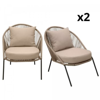 Guacara - Lot de 2 fauteuil extérieur en corde avec coussin beige
