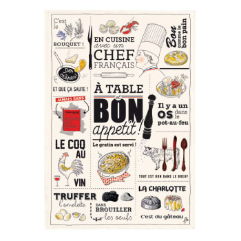 Gastronomie et vin - Torchon cuisine française en coton ecru 48 x 72