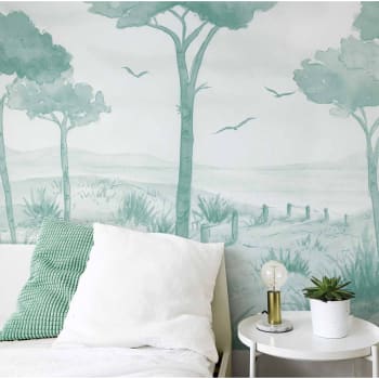 Papier peint panoramique paysage vue des pins vert 300x250cm