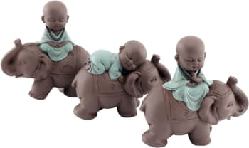 Statuette 3 bouddhas en polyrésine enfants sur éléphants