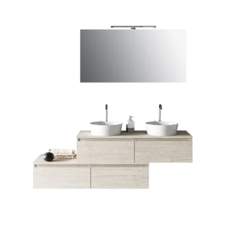 Astra - Meuble de salle de bain 8 pièces double vasque en mélamine bois beige