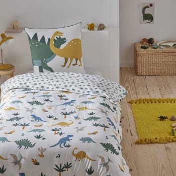 Dino - Parure de lit enfant coton  imprimé blanc et vert 140x200cm