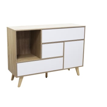 Dmirri credenza alta, Credenza moderna con 3 ante, Credenza mobile TV  soggiorno, 144x42h87 cm, Rovere nodoso e Bianco