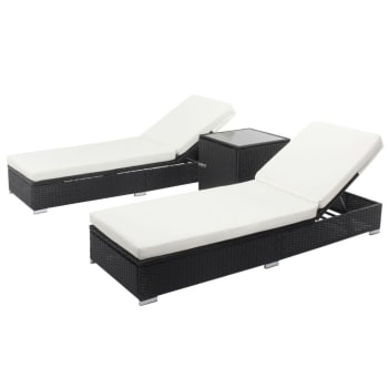 Sunny - Conjunto de 2 tumbonas de resina trenzada negra y colchón blanco