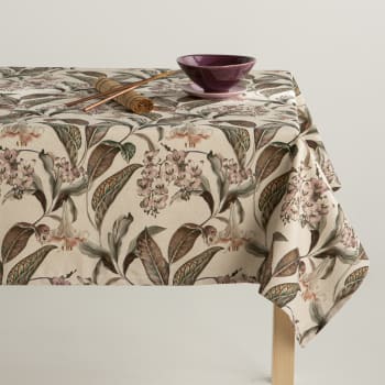 Helise natural - Nappe en lin antitâche imprimée floral brun 140x300 cm