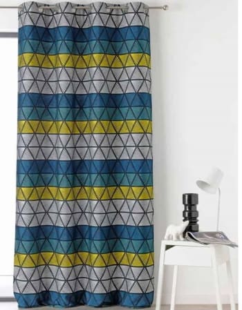 Rideau vintage polyester motif triangulaire bleu 135x270cm