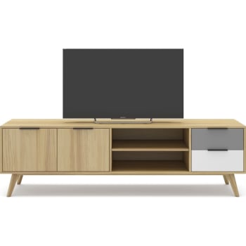 Eddy - Meuble TV 2 portes 2 tiroirs en pin massif bicolore/effet chêne 180 cm