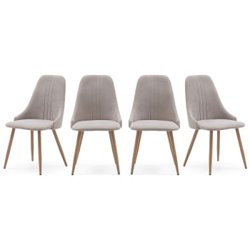 Vicky - Lot de 4 chaises en tissu beige, piètement métal effet bois
