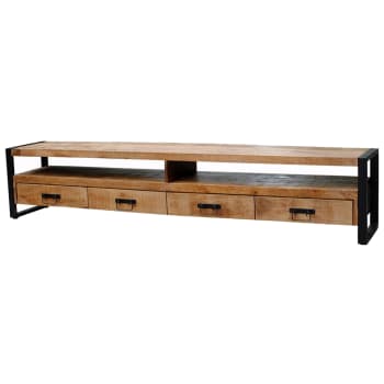 Belem - BELEM-Meuble TV 4 tiroirs L250 en bois de Manguier massif, métal noir
